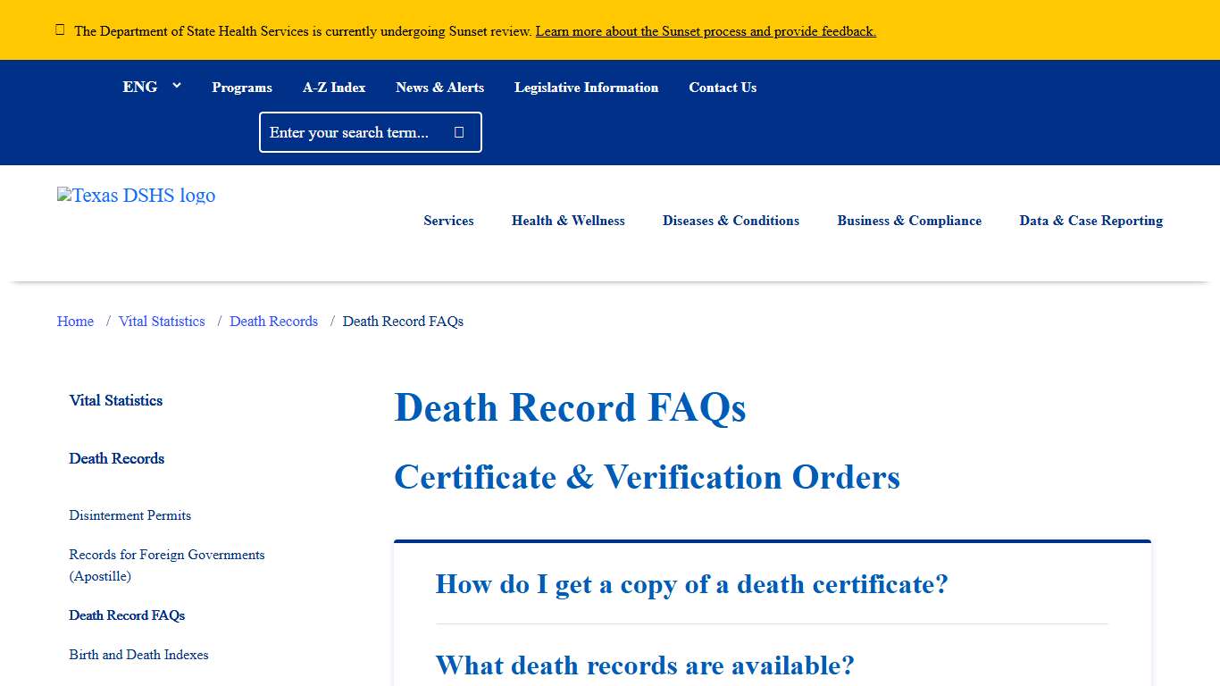 Death Record FAQs | Texas DSHS